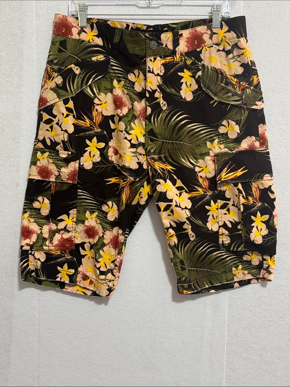Guess Men's Festival Black Tropical Cargo Shorts with Green/Yellow Floral Print
